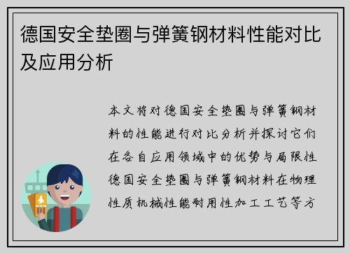 德国安全垫圈与弹簧钢材料性能对比及应用分析
